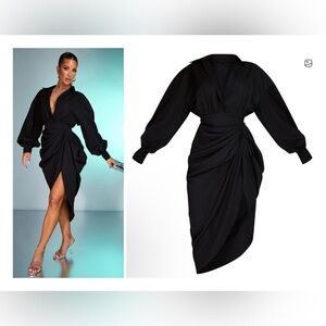 PrettyLittleThing Black Long Sleeve Asymmetrical Ruched Dress NWT
